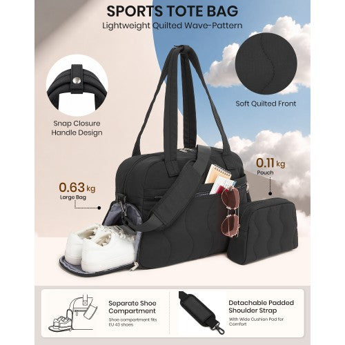 Lightweight 24L Quilted Women Travel Bag Set With Shoe Compartment Black | Neil's Luggage Store