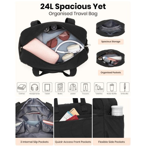 Lightweight 24L Quilted Women Travel Bag Set With Shoe Compartment Black | Neil's Luggage Store