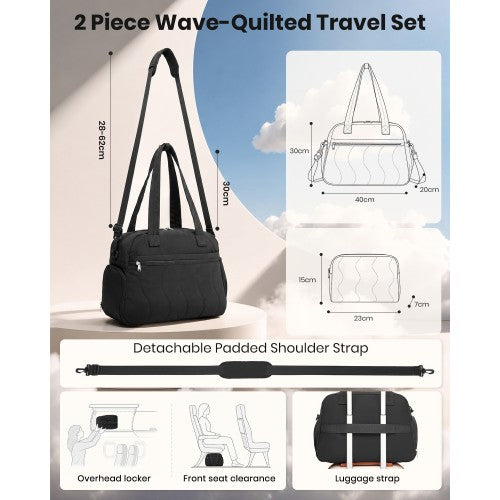 Lightweight 24L Quilted Women Travel Bag Set With Shoe Compartment Black | Neil's Luggage Store