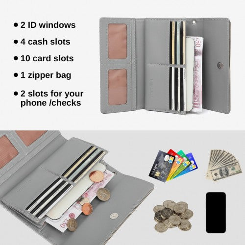 WTM2448 - Miss Lulu Elegant Women's Long Purse with Detachable Wrist Strap And Multi-Card Organizer - Grey | Neil's Luggage Store