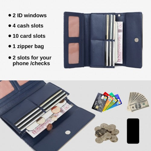 WTM2448 - Miss Lulu Elegant Women's Long Purse with Detachable Wrist Strap And Multi-Card Organizer - Navy | Neil's Luggage Store
