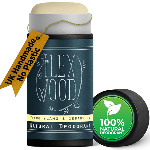 The Ilex Wood Ylang Ylang and Cedarwood Natural Deodorant in plastic-free recyclable cardboard packaging, UK handmade vegan deodorant