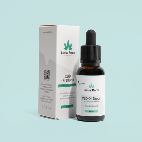 CBD Oil 6000mg high strength 30ml bottle with dropper and white packaging by Swiss Peak