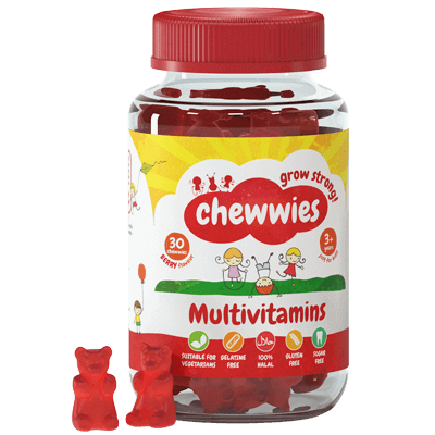 Chewwies vegan sugar free multivitamins gummies in red bear shape for adults and children aged 3+