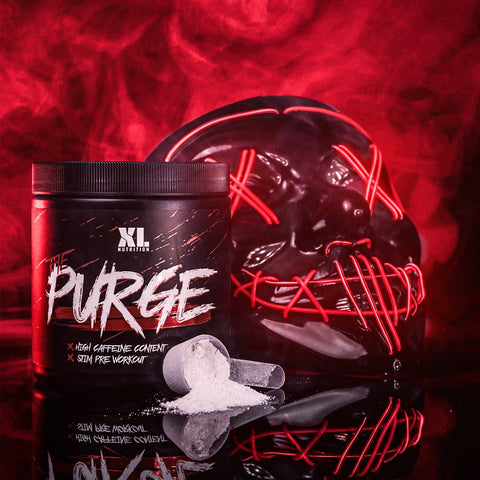 XL Nutrition The Purge pre-workout powder container with white scoop and neon red LED mask in dark smoky background