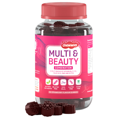 Vegan hair, skin, and nail gummies in strawberry flavor with multivitamins and antioxidants for beauty and health.