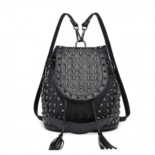 L1414 - Miss Lulu Skull Studded Backpack Shoulder Bag - Black | Neil's Luggage Store